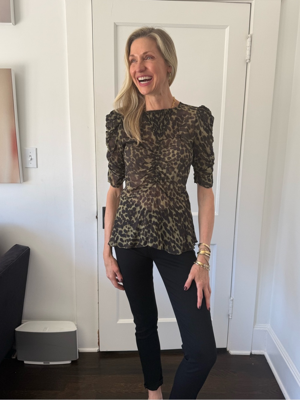 Isabel Marant Olive and Black Leopard-Print Puff-Sleeve Blouse